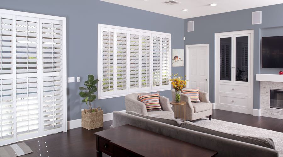 Faux Wood Shutters In blue Tampa Living Room